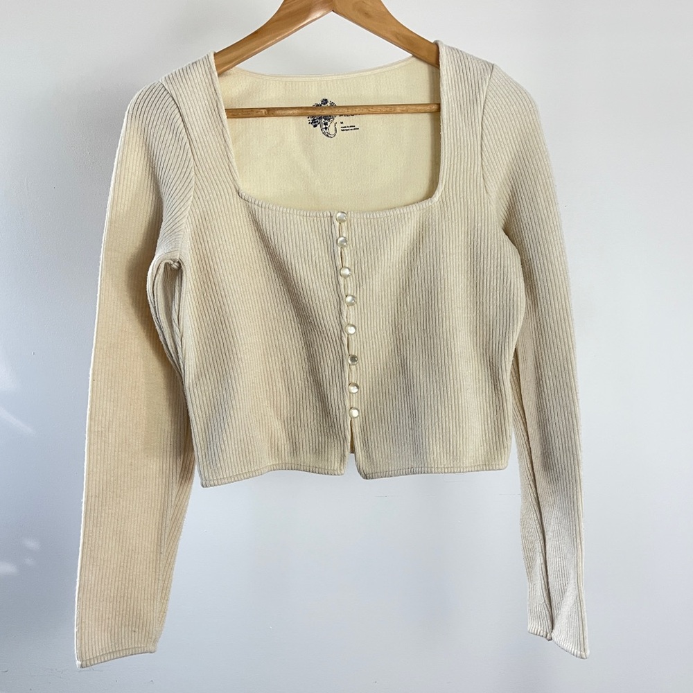 Pilcro Cream Ribbed Button-Down Top